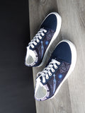 Vans Custom Designed Dark Blue Canvas Sneaker with Sword and Cloud Graphics size 5.5