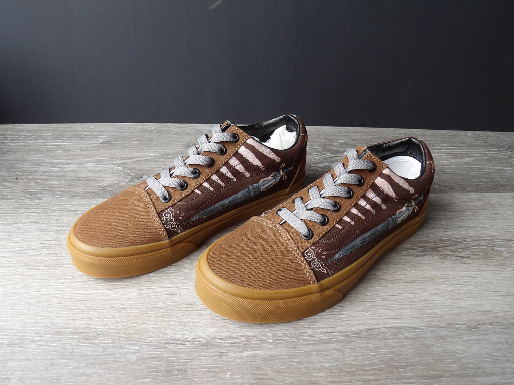 Vans Custom Brown Leather Style Shoes Decorative Sword artwork size 5.5